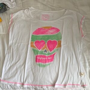 White Short-Sleeve Graphic Tee with Neon Skull - Youth